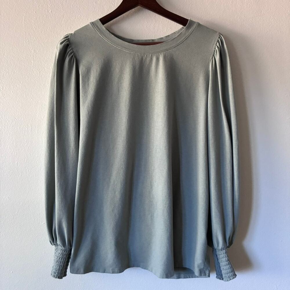 LC Lauren Conrad Top Womens 0X Sage Green Puff Sleeve Smocked Cuff Stretch Soft